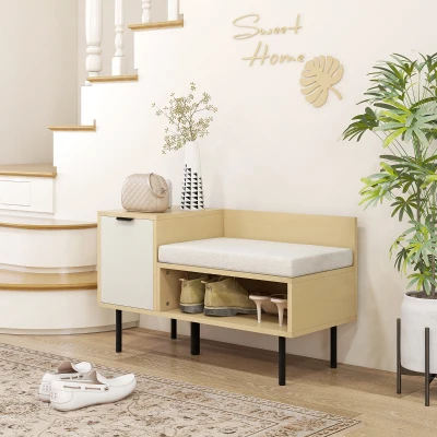 HOMCOM Zapatero de Entrada Recibidor con Cojín Puerta y Estante Zapatero con Asiento para Salón Pasillo 80x35x47 cm Natural
