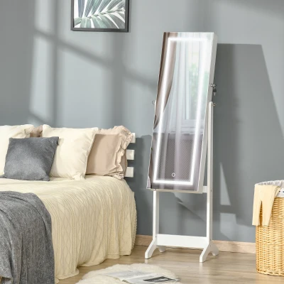 HOMCOM Armario de Joyería con Tira de Luces LED Cerradura Magnética y Estantes Ranuras para Anillos 46x36,5x151,5 cm Blanco