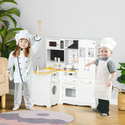HOMCOM Cocina de Juguete de Madera para Niños de +3 Años con Sonidos 14 Accesorios Cocinita Infantil con Teléfono Fregadero Extraíble Microondas y Grifo 82x65x87 cm Blanco(m-2)