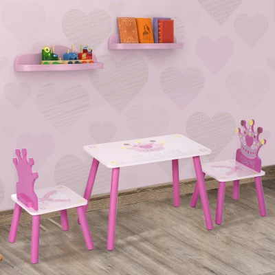 HOMCOM 3-tlg. Kindersitzgruppe mit 1 Kindertisch 2 Stühle Sitzgruppe Kinder Kindermöbel für Kleinkind Mädchen Junge Kiefer+MDF Rosa  55 x 34 x 42 cm