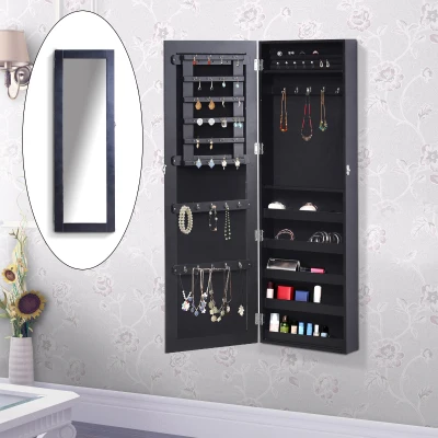 HOMCOM Espejo Joyero Colgante de Pared Armario de Joyería Organizador de Joyas con Ganchos y Ranuras para Collares para Dormitorio Salón 37x9,5x112 cm Negro