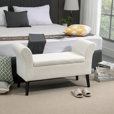HOMCOM Banco de Almacenamiento con Tapa Abatible Reposabrazos y Patas de Madera para Salón 111,5x41x65 cm Crema