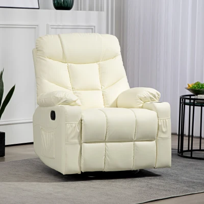 HOMCOM Reclining Armchair Swivel Faux Leather Cream 86x93cm