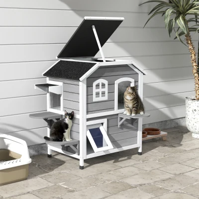 PawHut Katzenhaus aus Holz 2-Etagen Winterfest wasserdicht Katzenhütte mit Asphaltdach klappbarem Deckel Treppe Katzenhöhle Outdoor Schutzhütte für Draußen Garten Balkon 78 x 55,5 x 91 cm Grau