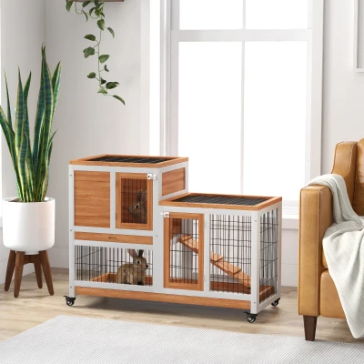 PawHut Conejera de Madera de 2 Niveles Jaula para Conejos con Ruedas Rampa y Bandejas Extraíbles 110x50x88cm Natural