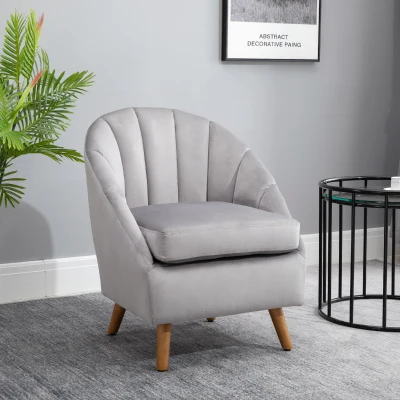 HOMCOM Accent Chair Velvet Grey Solid Wood Armchair