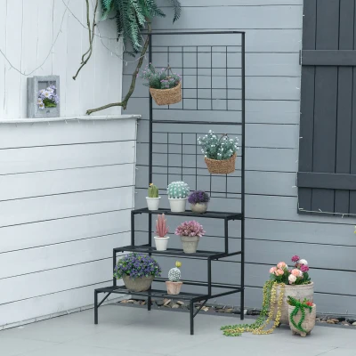 Outsunny Blumentreppe aus Metall 3 Stufen Pflanzenständer Pflanzentreppe Leiterregal Blumenständer innen draußen Schwarz 60 x 53,5 x 159,5 cm
