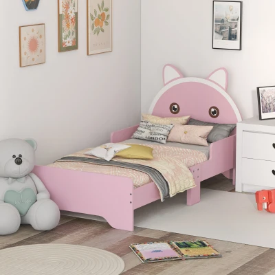 ZONEKIZ Kids Cat Toddler Bed Frame with Guardrails Pink 143x74cm