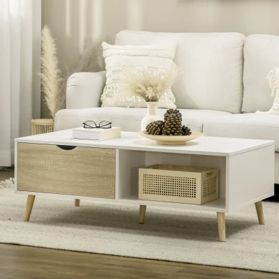 HOMCOM Mesa de Centro Rectangular Mesa con 2 Cajones y Compartimientos Abiertos Estilo Nórdico 106x58x39,5 cm Blanco