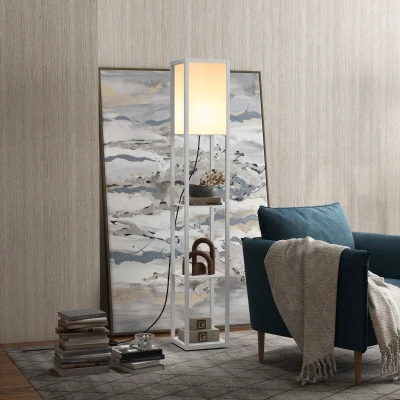 HOMCOM Lampadaire étagère Lampe étagère 26L x 26l x 160H cm 3 étagères 4 Niveaux MDF Blanc