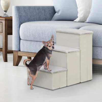 PawHut Escalera para Mascotas de 3 Peldaños Plegable con Tapas Abatibles y Espacio de Almacenamiento 3 Escalones de Perros Gatos Pequeños para Cama Sofá 40x54x48 cm Blanco