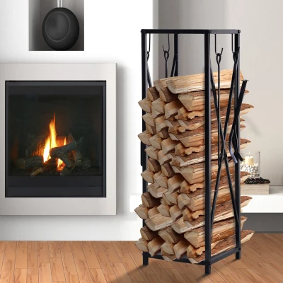 Outsunny Porte-Bûches Métal Noir 34x34x111 cm avec Accessoires