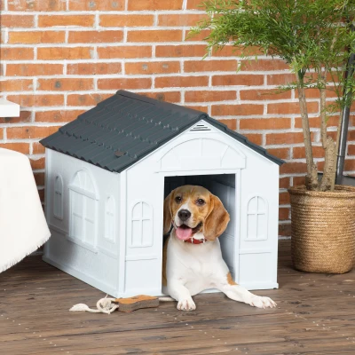 PawHut Hundehütte mit Satteldach, wetterfest, Kunststoff, 65 x 75,7 x 63 cm, Grau