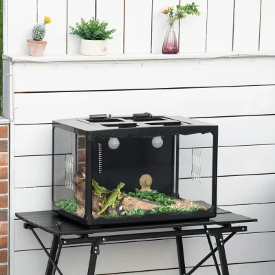 PawHut Terrarium en verre - vivarium reptiles & batraciens - habitat tortue - couvercle grillagé 2 parties amovibles - distributeur eau, thermomètre, pincette, 2 douilles inclus - ABS acrylique noir