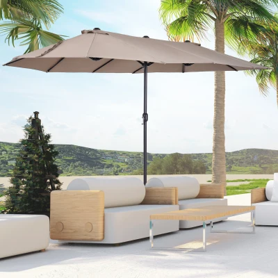 Outsunny Doppelsonnenschirm 455 x 270 cm Gartenschirm mit Handkurbel oval stabil Metallstange Marktschirm Doppelsonnenschirm Terrassenschirm Sonnenschutz für Strand Balkon Terrasse Garten Hellkaffee
