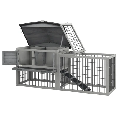 PawHut Conejera Exterior de Madera 150x52x68 cm Jaula para Conejos Grande con Techo Abatible Bandeja Extraíble y Rampa Gris(m-10)