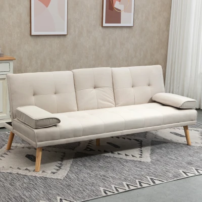 HOMCOM Schlafsofa 3-Sitzer, neigbare Rückenlehne mit Klapptisch, zwei Armpolster, Leinenoptik, beige, 181 x 77 x 78 cm