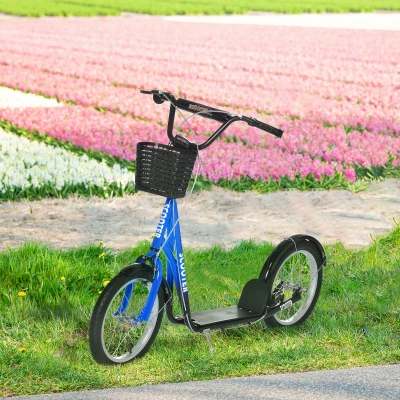HOMCOM Trottinette patinette Enfant Grandes Roues pneumatiques Guidon réglable Frein AV-AR Garde-Boue béquille Panier métal Bleu Noir