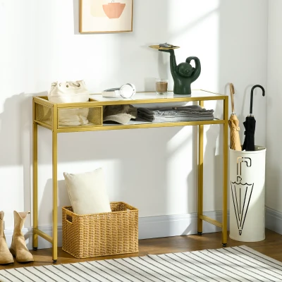 HOMCOM Mesa de Entrada con Estante Cesta de Almacenamiento y Marco de Acero Mueble Recibidor 100x30x80 cm Oro y Blanco