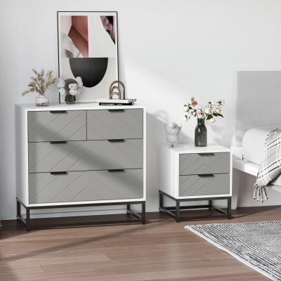 HOMCOM Mesita de Noche Mesa Auxiliar con 2 Cajones y Base Elevada de Metal para Dormitorio Cama Salón Estilo Moderno y Minimalista 39,5x40x48 cm Blanco y Gris