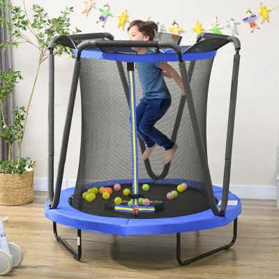 ZONEKIZ Cama Elástica Infantil Ø140 cm con Red de Seguridad Canasta de Baloncesto y 20 Bolas de Plástico Azul