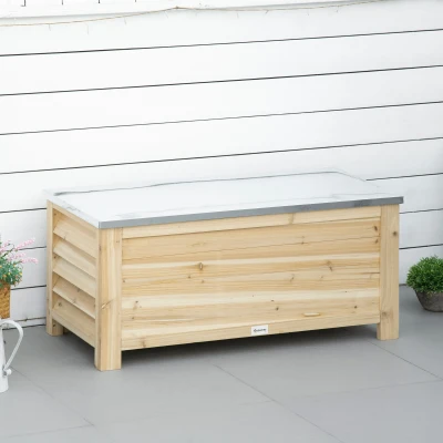 Outsunny Baúl de Almacenaje Exterior de Madera con Tapa de Metal Galvanizado y Diseño con Listones 110x50x50 cm Madera Natural