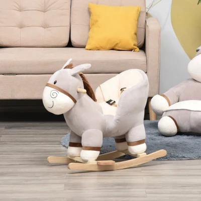 HOMCOM Cheval à Bascule Âne Musical Peluche Gris Bois