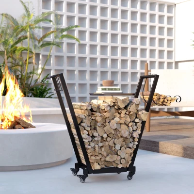 Outsunny Soporte para Leña de Metal Leñero de Exterior con Ruedas y Ganchos para Herramientas Carga 50 kg 79x30x81 cm Negro