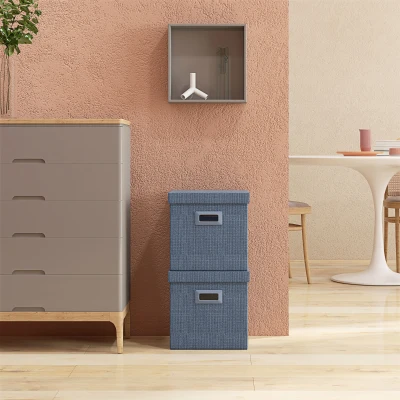 HOMCOM Aufbewahrungsbox Set, abnehmbarer Deckel, Griffe, faltbar, stapelbar, Leinenimitat, Blau
