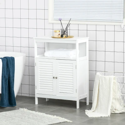 kleankin Mueble Auxiliar de Baño Armario para Baño con 2 Puertas de Persianas Estante Abierto Gran Espacio de Almacenamiento Diseño Moderno 60x30x81,6 cm Blanco