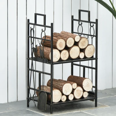 Outsunny Soporte para Leña de Metal con 4 Herramientas y Asas para Interior y Exterior 51,5x33x77 cm Negro Dorado