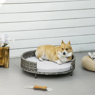 PawHut Hundebett Hundekorb Hundesofa Katzenbett mit Kissen Katzensofa Hundekörbchen für kleine Hunde Rattan Grau 75 x 75 x 20 cm