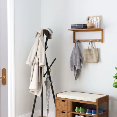 HOMCOM Porte-Manteau Mural Bambou - Étagère & 4 Patères