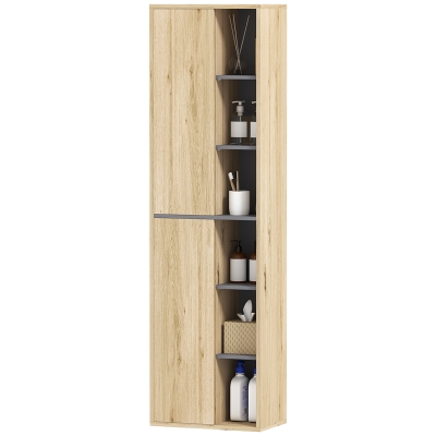 HOMCOM Columna de Baño de Pared Armario de Baño con Compartimentos Abiertos y 2 Puertas 40x24x141,5 cm Natural