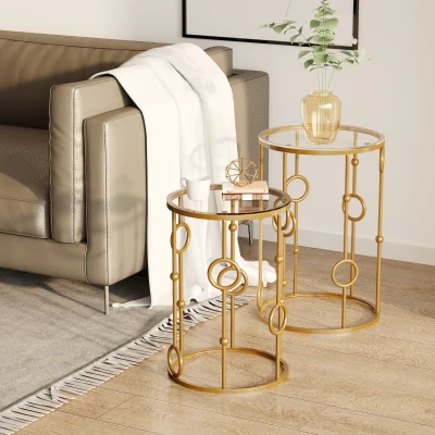 HOMCOM set 2 pzi tavolini da caffè Φ41cm x 57cm Oro