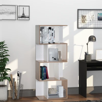 HOMCOM  Bücherregal S-förmiges Standregal Lagerregal 4-stufige Vitrine mit Hardware-Schnalle moderner Raumteiler Spanplatte Naturholz+Weiß 60 x 24 x 148 cm