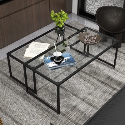 HOMCOM 2er-Set Couchtische, Glastische, mit pulverbeschichtetem Stahl, Schwarz + Transparent