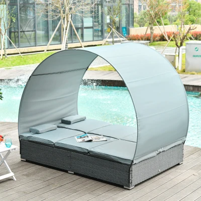 Outsunny Poly Rattan Doppelliege Sonnenliege für 2 Personen mit Sonnendach Gartenliege Stahl Polyester Grau 196 x 137 x 36,5 cm