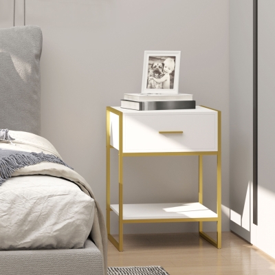 HOMCOM Modern Bedside Table with Drawer White and Gold