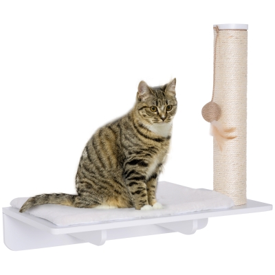 PawHut Kletterwand Katzen, Wandkratzbaum, Katzenliege mit Kratzbaum,53cm Katzenregal mit Ballspielzeug, Plüschauflage, Katzenkratzbaum, Katzensäule, Weiß
