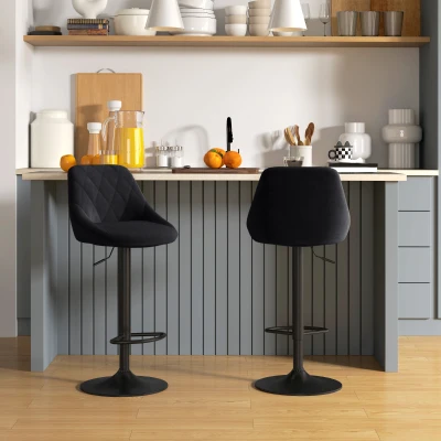 HOMCOM Barhocker 2er-Set Barstuhl mit Lehne, Samt-Optik, Stahlgestell, Höhenverstellbare Küchenstühle mit Fußstütze Drehbar Tresenhocker, Schwarz