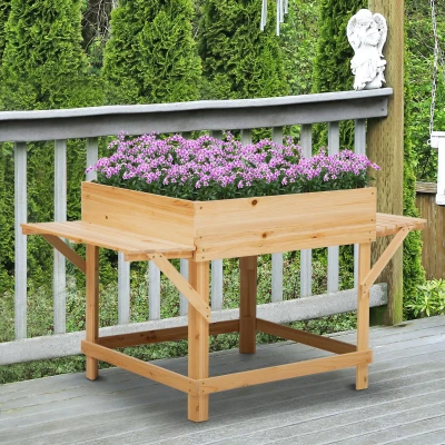Outsunny Hochbeet aus Holz Pflanzkasten für Garten Balkon mit Ablage Blumenbeet Blumenkasten Natur 130 x 75 x 75 cm