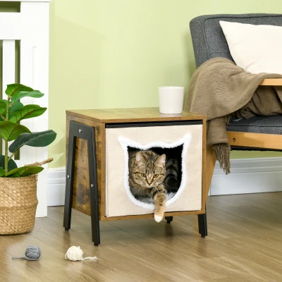 PawHut Katzenhöhle im Industriedesign inkl. Kissen, Katzenhaus, waschbares Kissen, Braun + Weiß