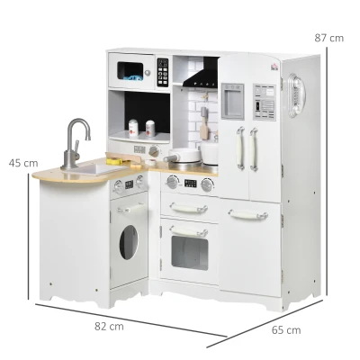 HOMCOM Cocina de Juguete de Madera para Niños de +3 Años con Sonidos 14 Accesorios Cocinita Infantil con Teléfono Fregadero Extraíble Microondas y Grifo 82x65x87 cm Blanco(m-3)