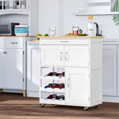 HOMCOM Carro de Servicio con Cajón 2 Armarios de Almacenaje y 3 Estantes Abiertos de 9 Botellas 67x37x87 cm Blanco