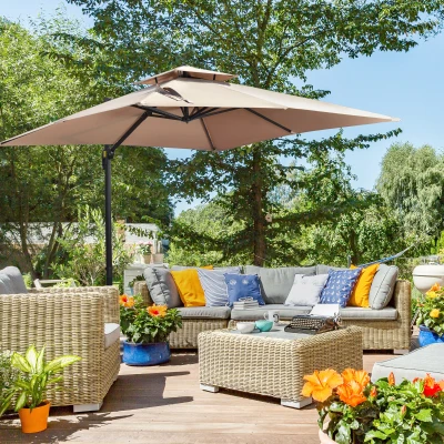 Outsunny Sombrilla de Jardín con Manivela Techo Doble Inclinable Poste Giratorio 360° y Base Cruzada 295x295x275 cm Caqui