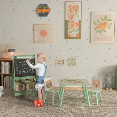 ZONEKIZ Kids Table & Chair Set with Easel & Storage Green