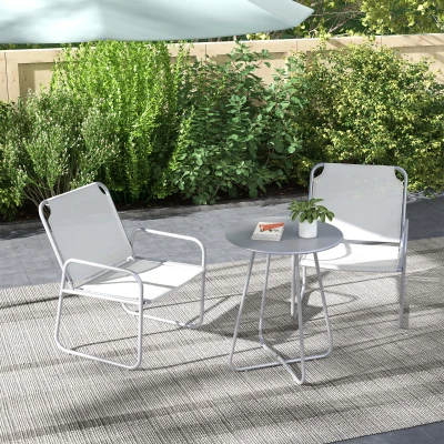 Outsunny 3-teiliges Gartenmöbelset, 2 Stühle mit atmungsaktivem Stoffbezug, 1 runder Tisch Ø60 cm, Hellgrau