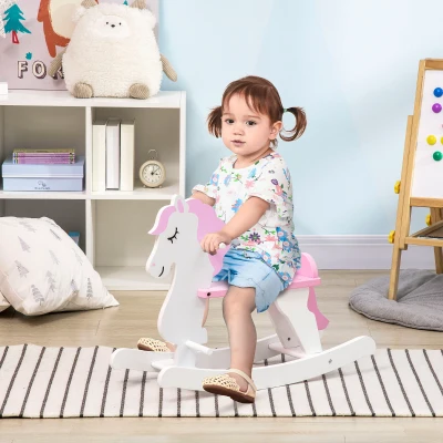 HOMCOM Caballito Balancín para Niños de 1-3 Años de Madera con Manillar y Pedales Carga 50 kg 68x27x46,5cm Blanco y Rosa