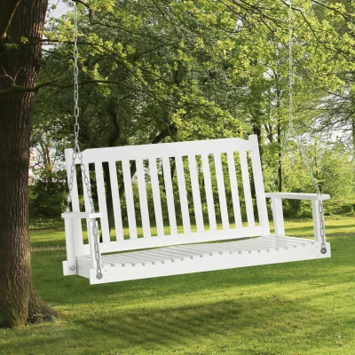 Outsunny Gartenschaukel für 2 Personen Schaukelbank Hängebank Massivholz Patio Terrasse Hinterhof Weiß 117 x 69 x 60 cm